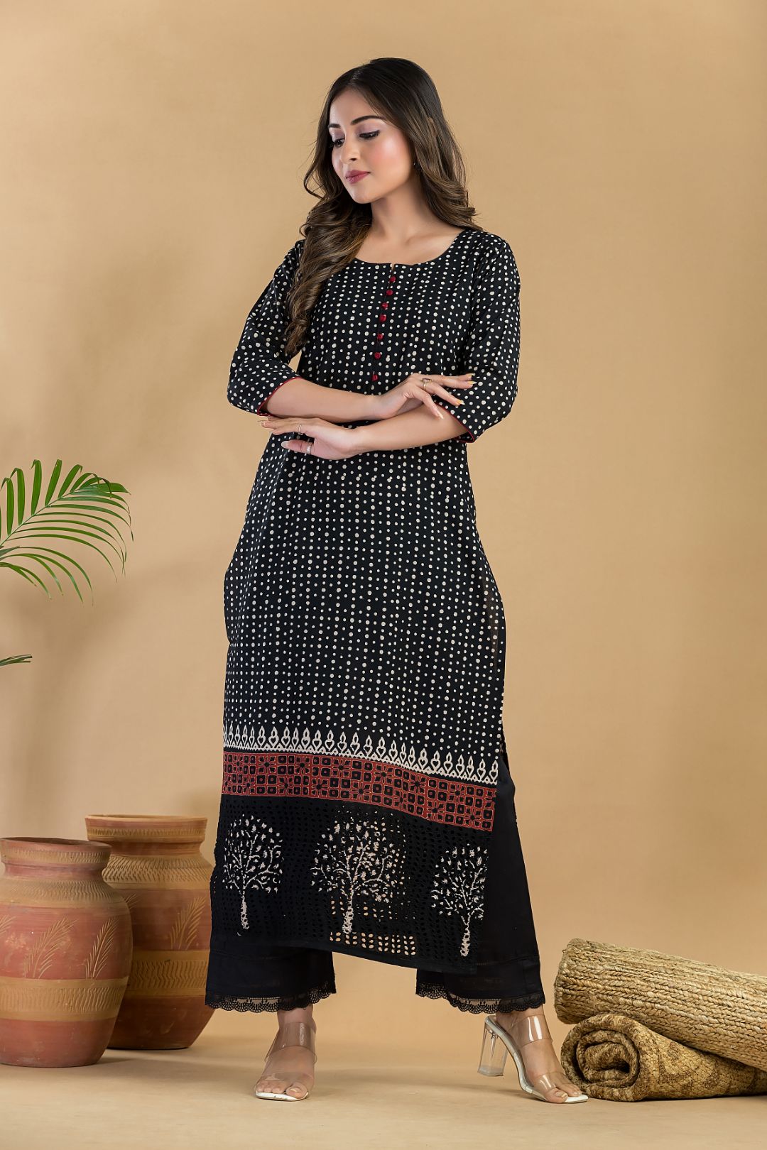 Black Geometric Print Schiffli Kurta