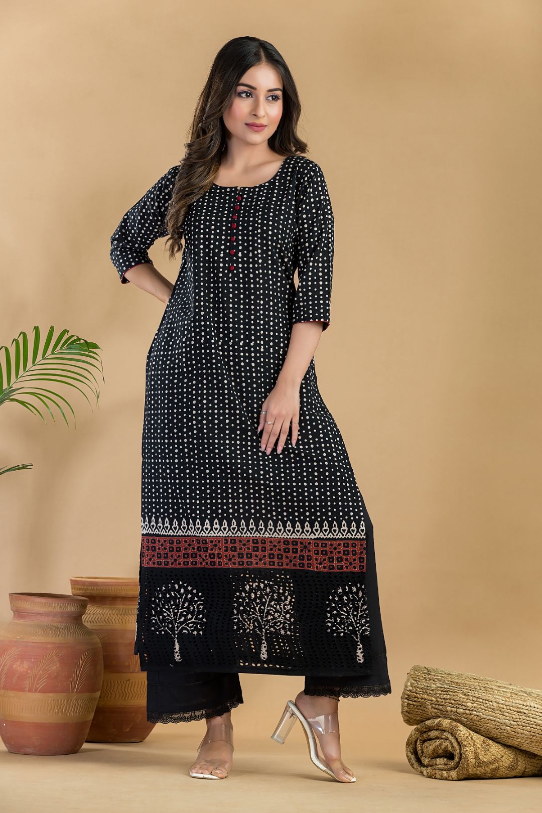 Black Geometric Print Schiffli Kurta