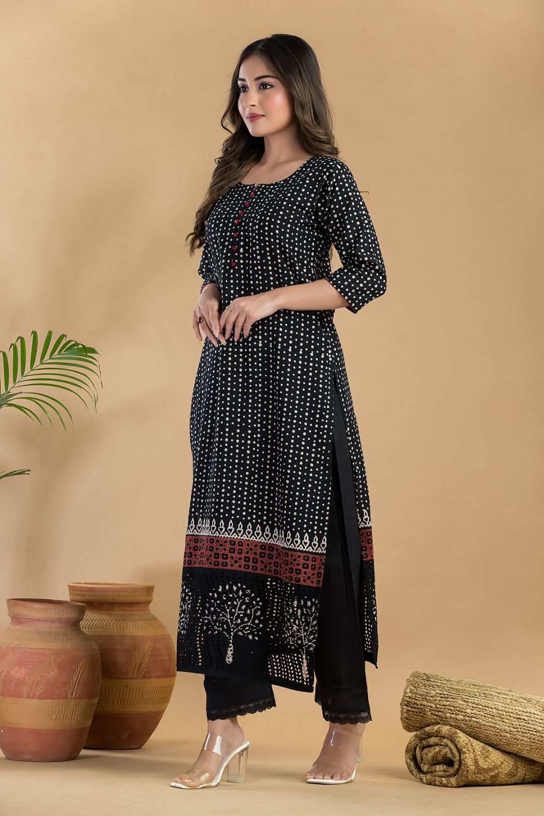 Black Geometric Print Schiffli Kurta