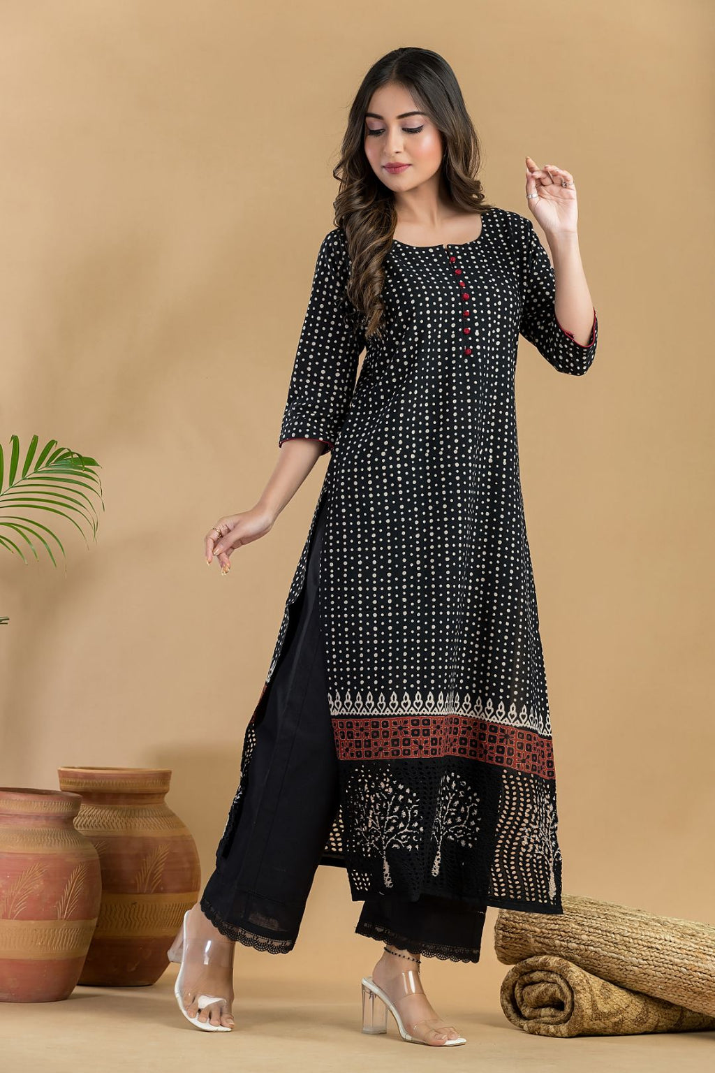 Black Geometric Print Schiffli Kurta