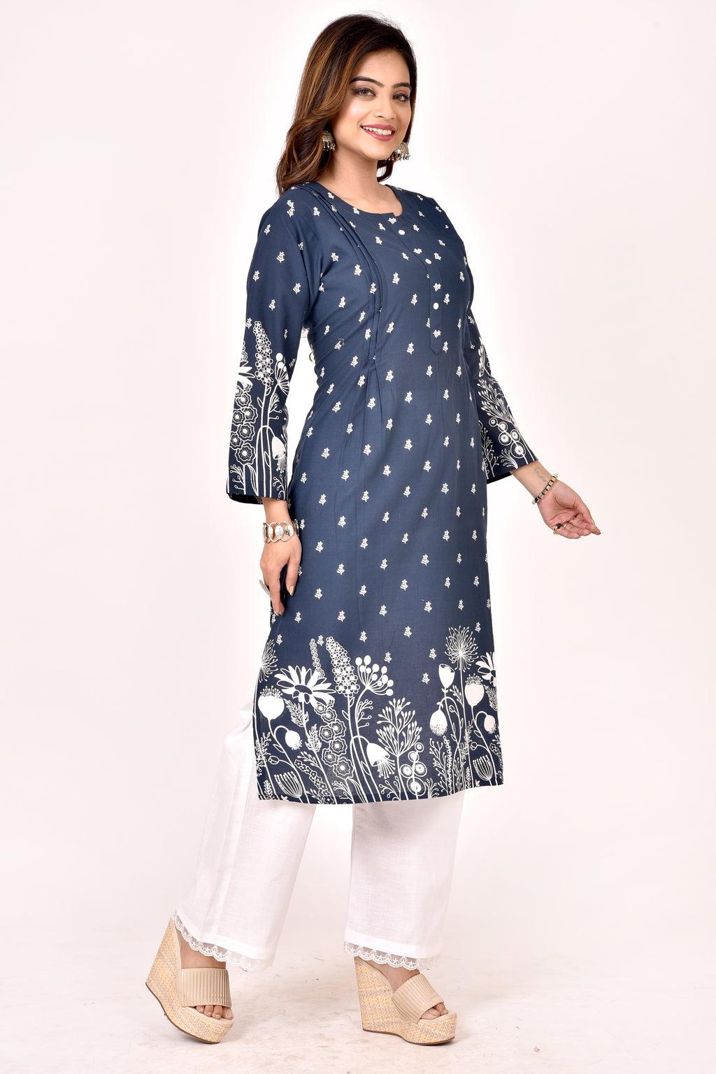 Blue Floral Print Straight Kurta