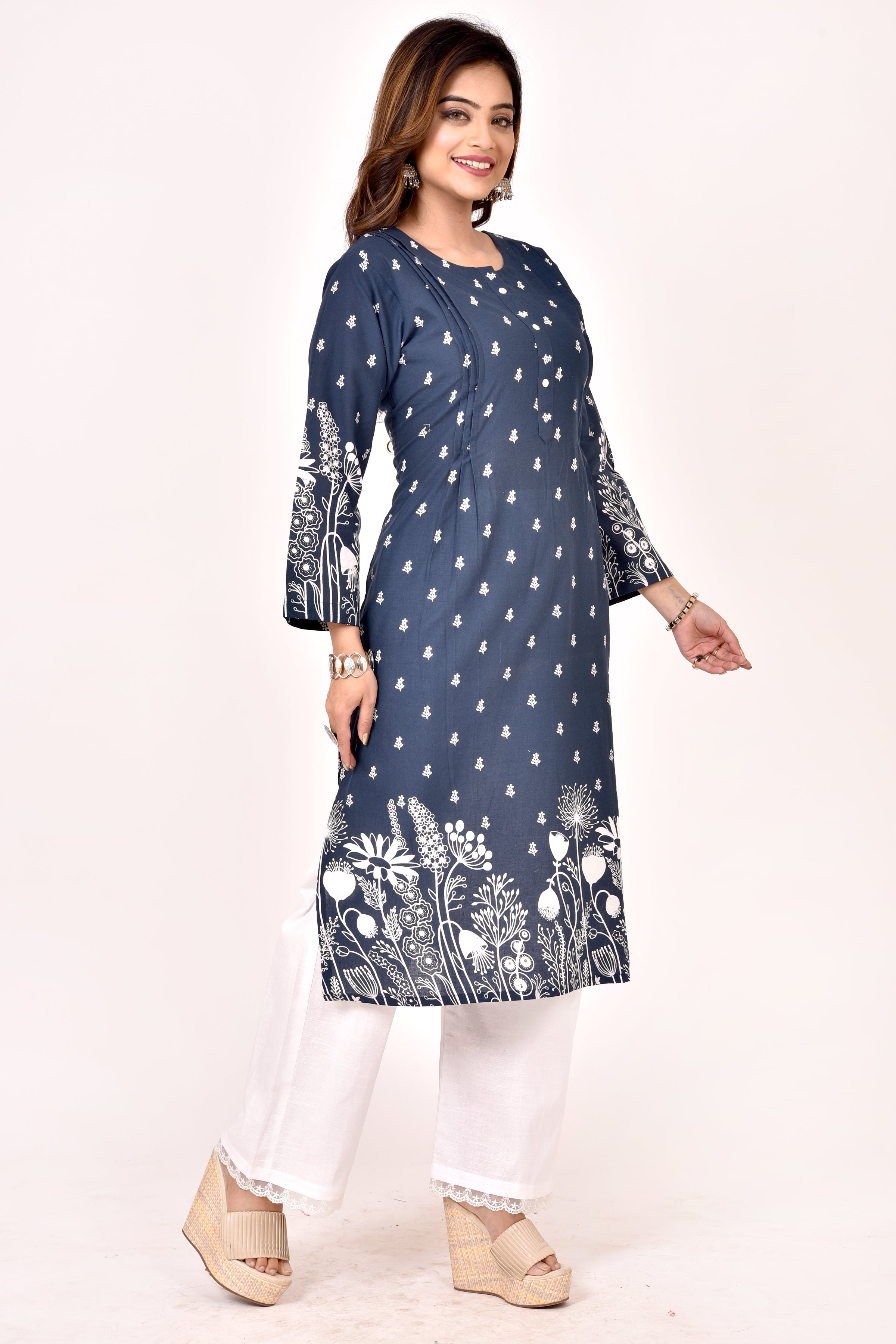 Blue Floral Print Straight Kurta