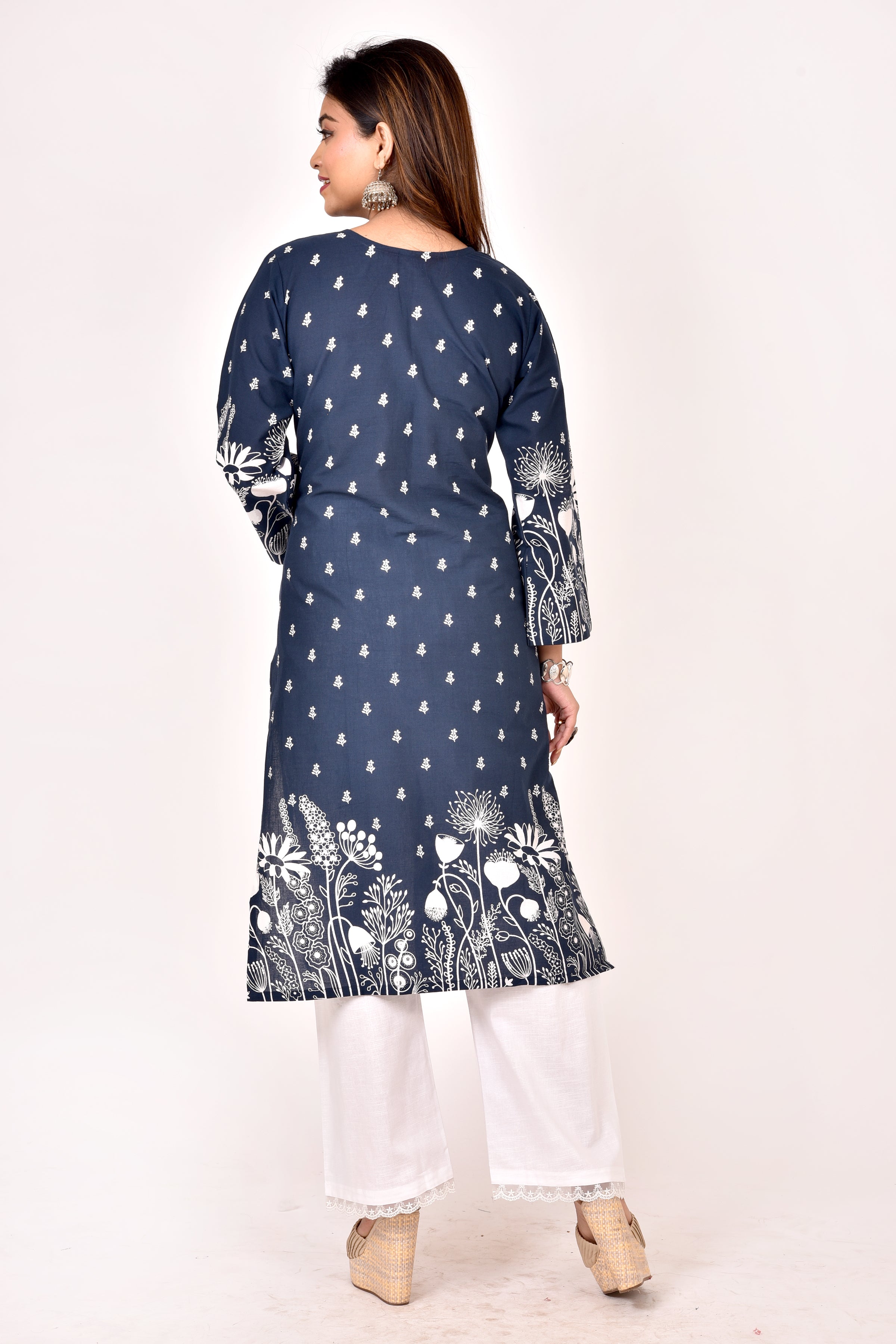 Blue Floral Print Straight Kurta