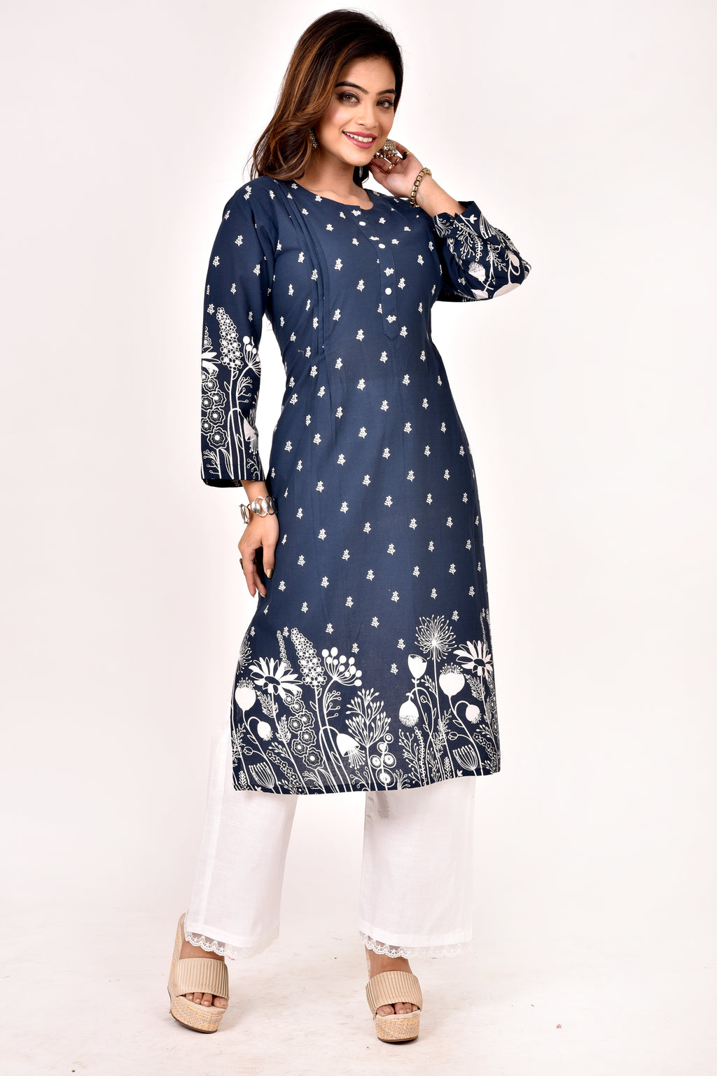 Blue Floral Print Straight Kurta