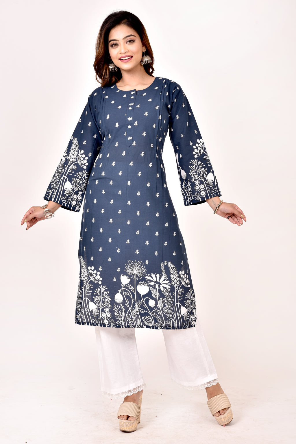 Blue Floral Print Straight Kurta