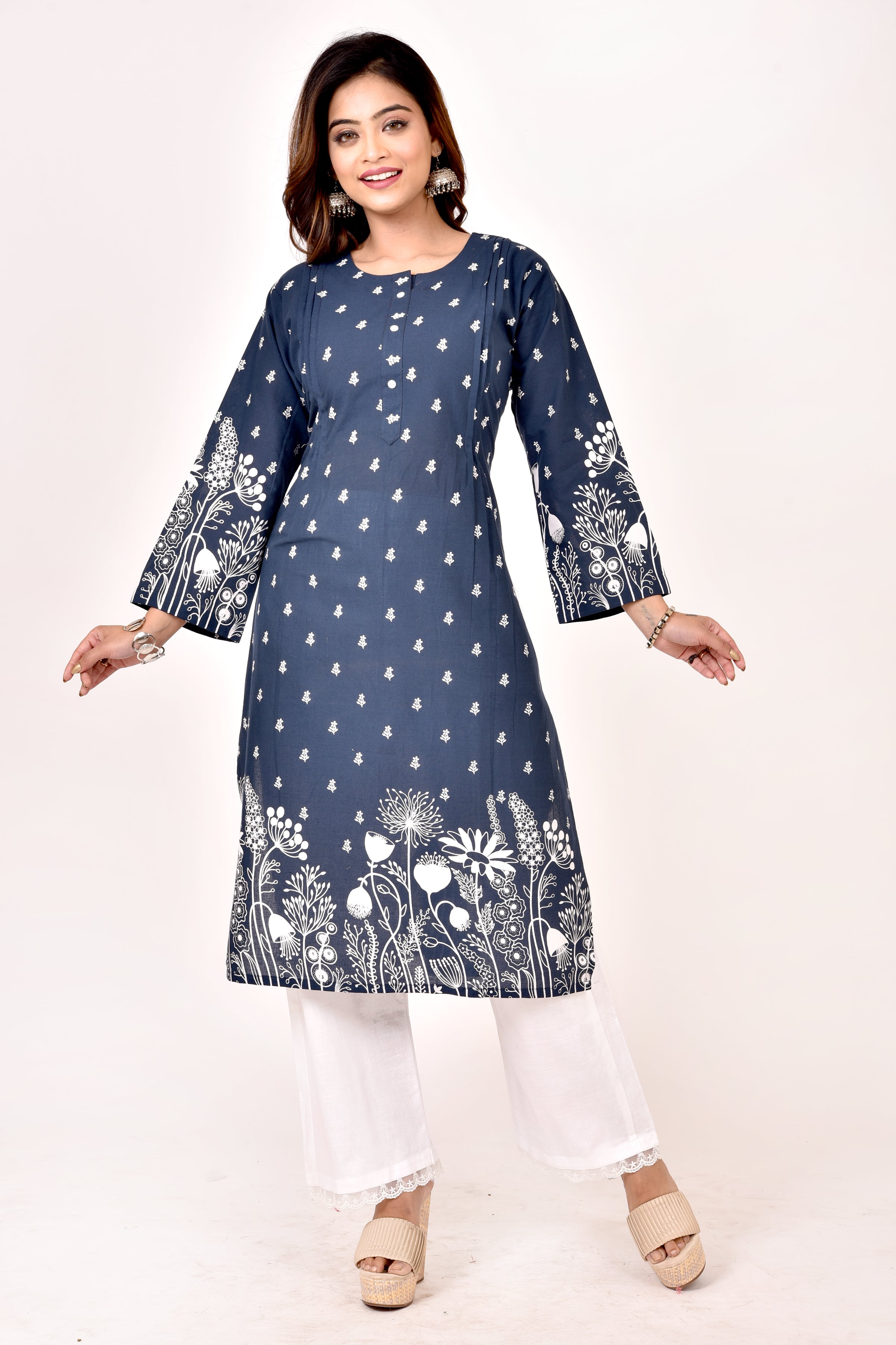 Blue Floral Print Straight Kurta