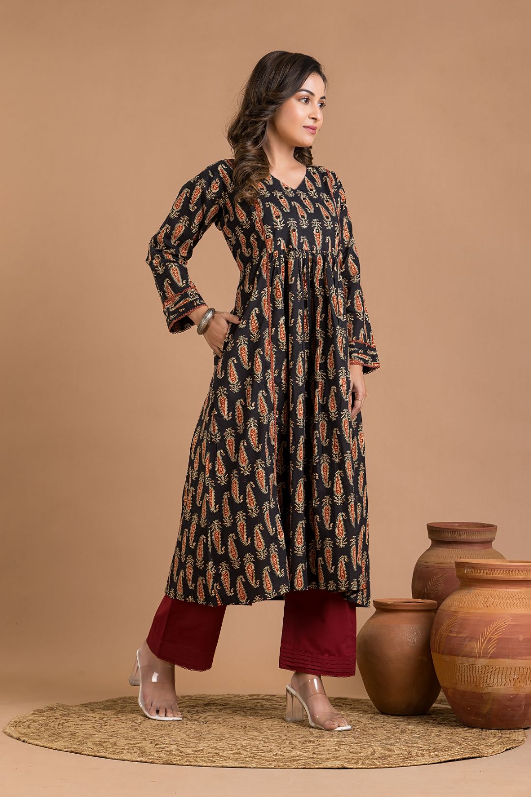 Black Paisley Hand Embroidered Kurta