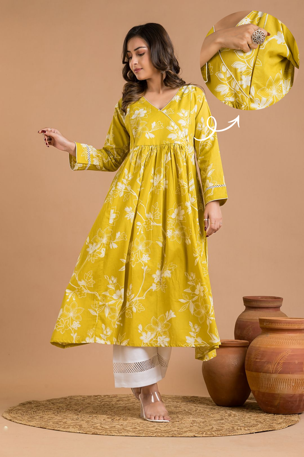 Yellow Floral Print Maternity Kurta