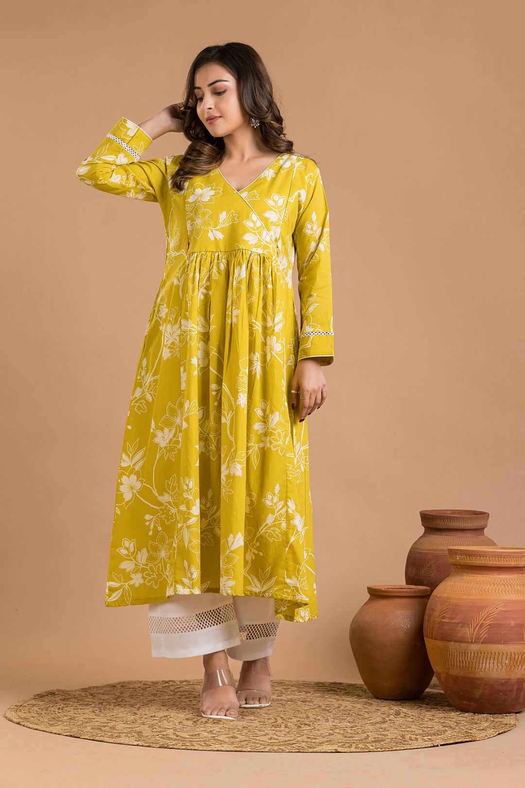 Yellow Floral Print Maternity Kurta