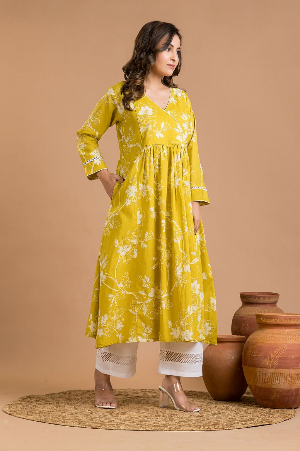 Yellow Floral Print Maternity Kurta