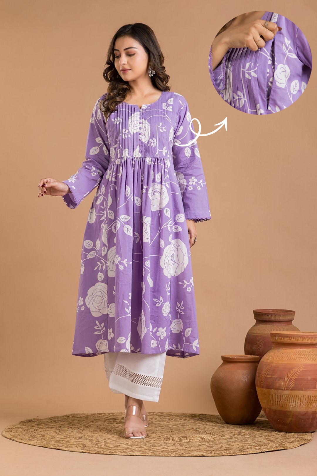 Lavender Rose Print Maternity Kurta
