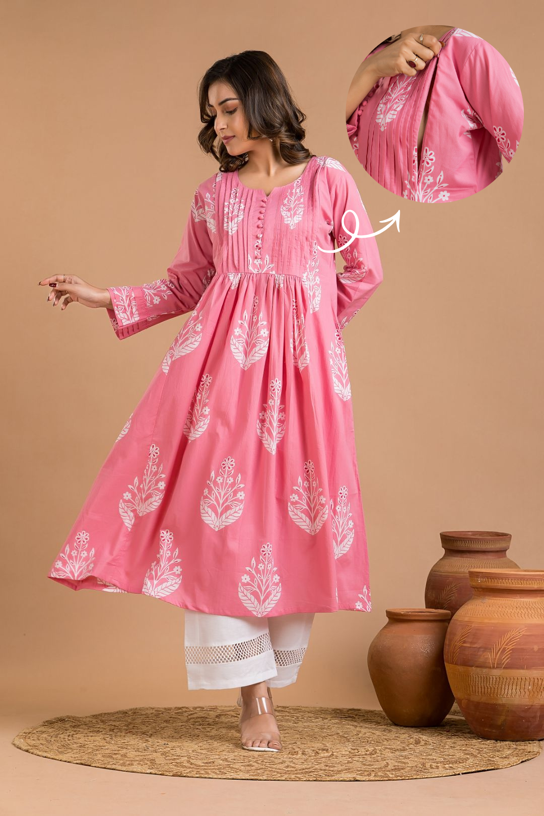 Pink Floral Print Maternity Kurta