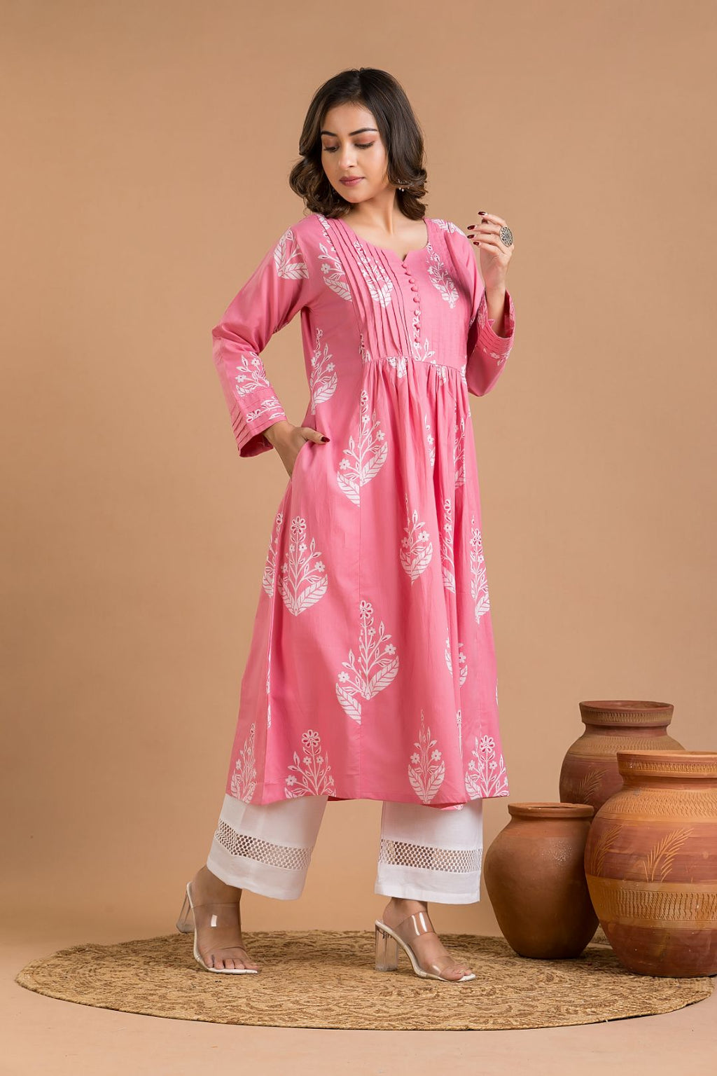 Pink Floral Print Maternity Kurta