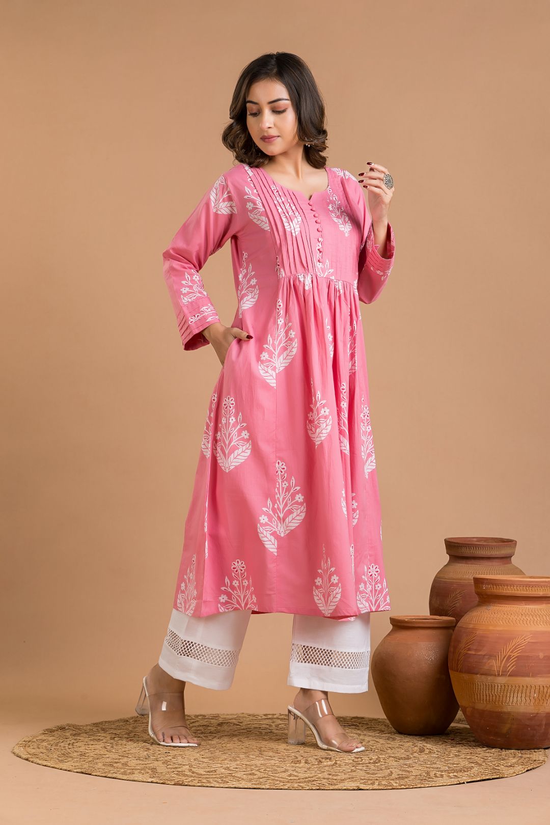 Pink Floral Print Maternity Kurta