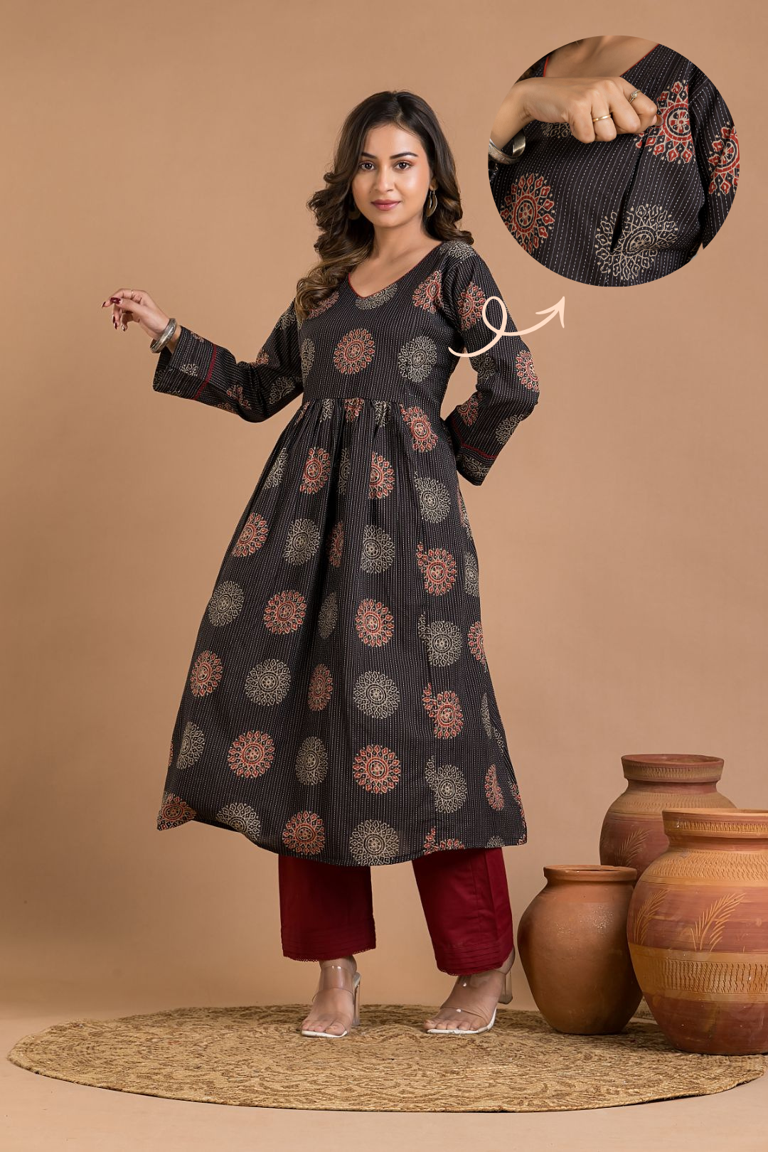 Black Geometric Print Maternity Kurta