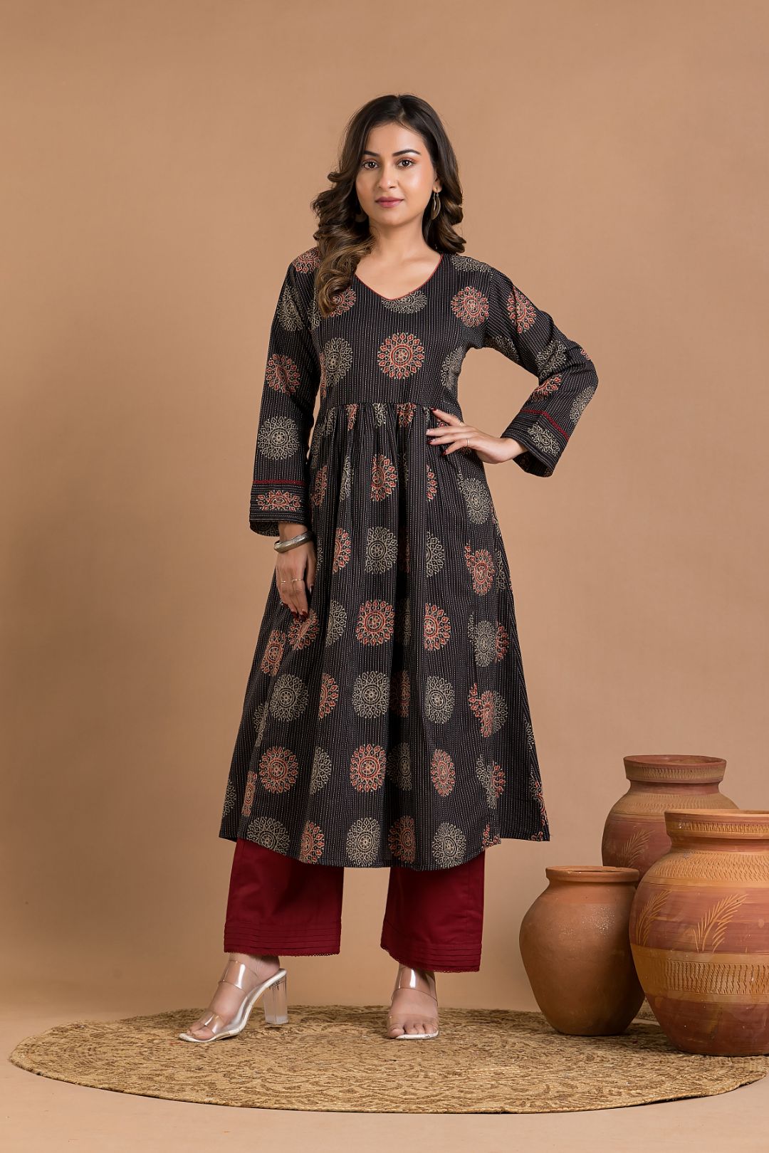 Black Geometric Print Maternity Kurta