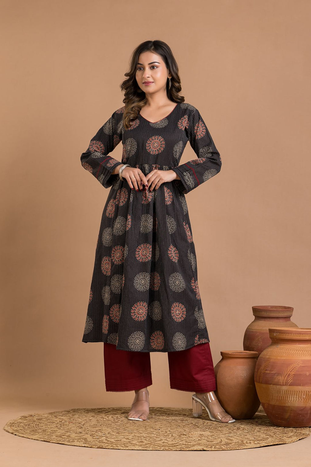 Black Geometric Print Maternity Kurta