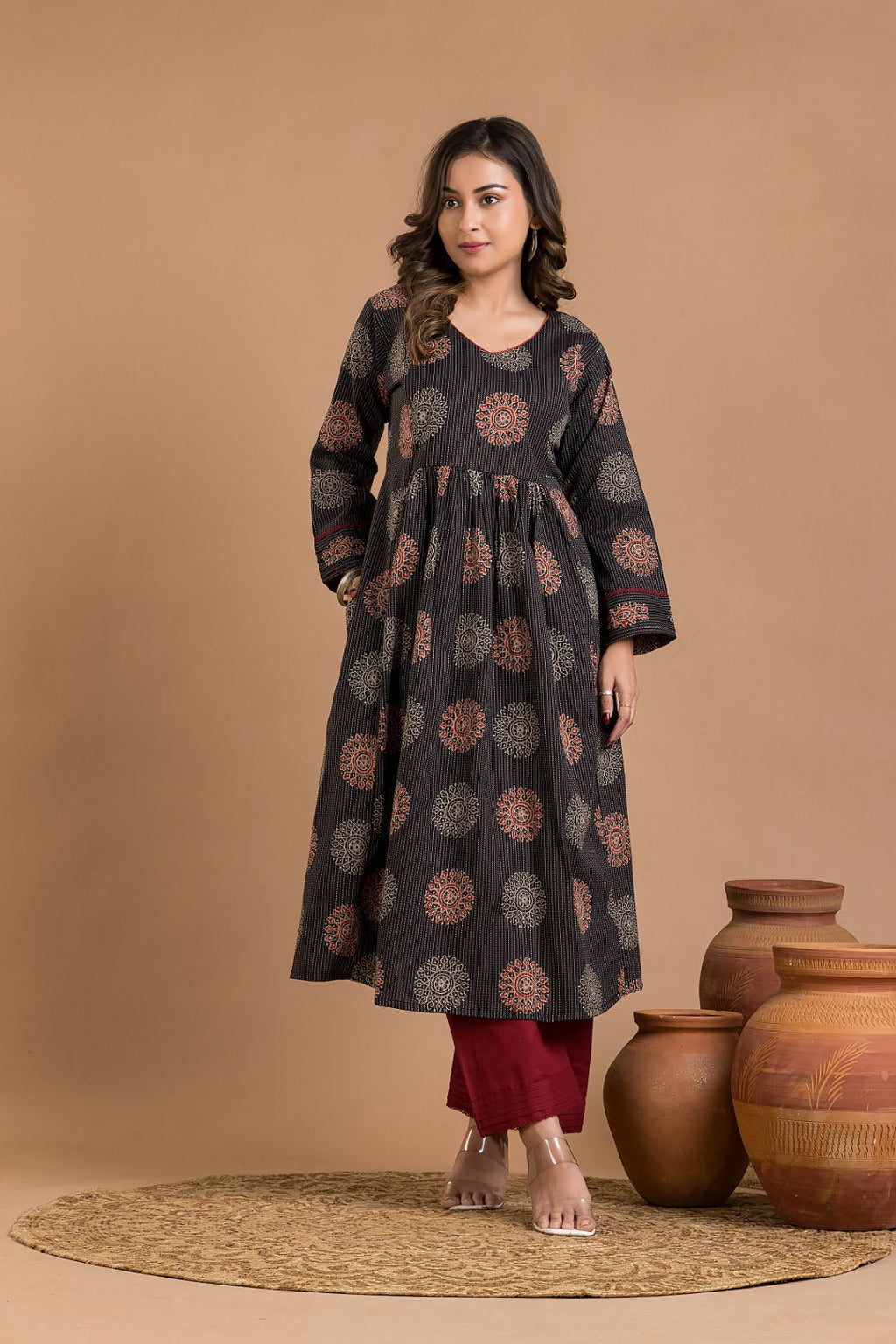 Black Geometric Print Maternity Kurta