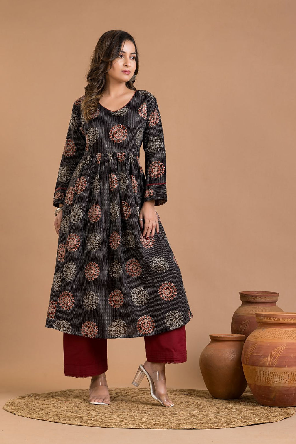 Black Geometric Print Maternity Kurta
