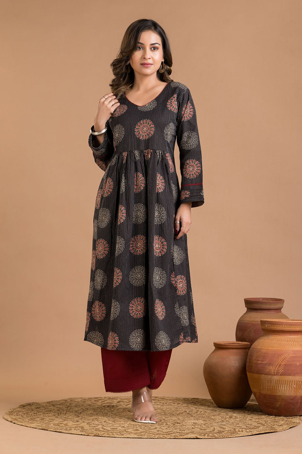 Black Geometric Print Maternity Kurta