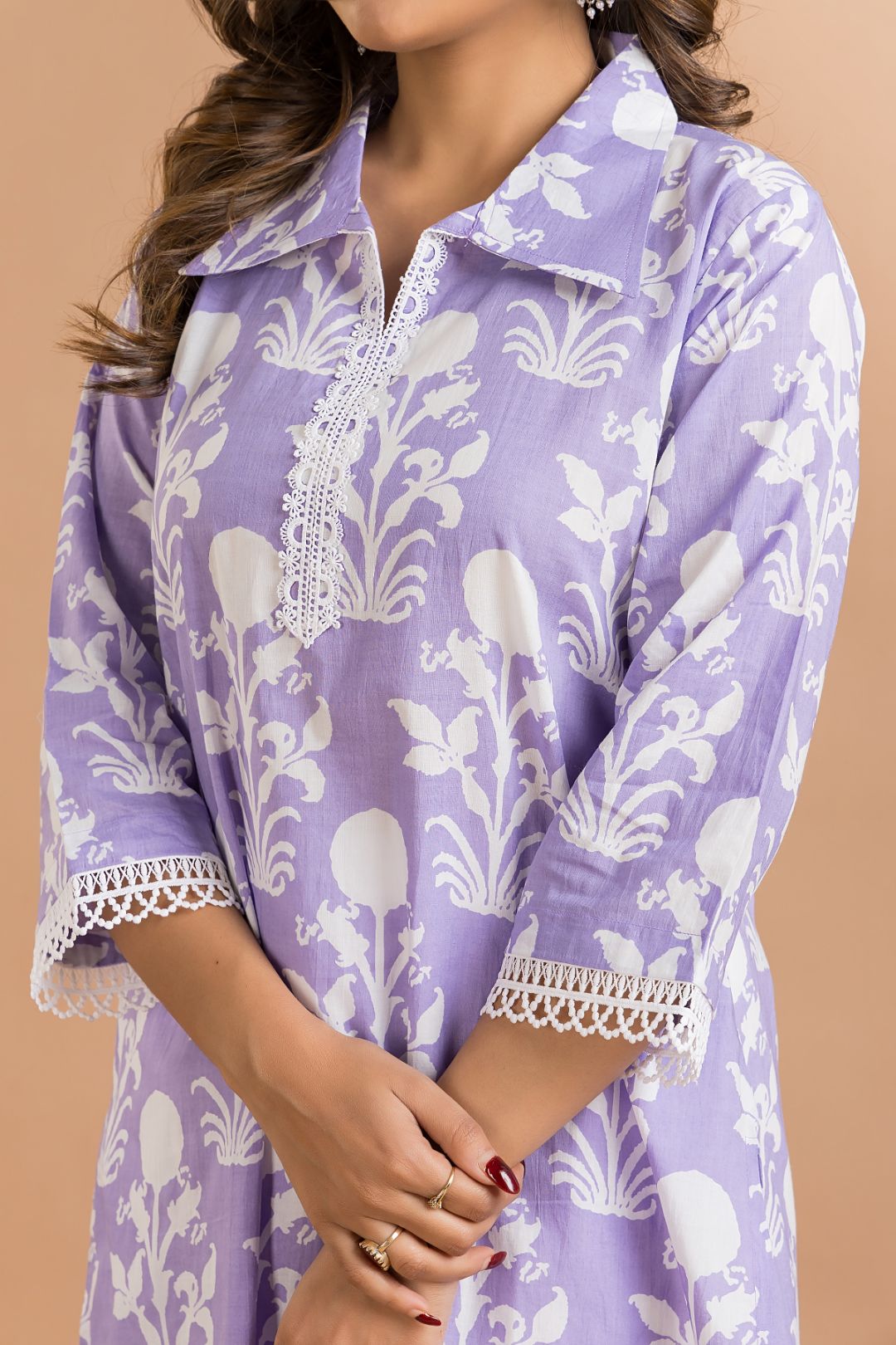 Lavender Floral Print Wide Lace Kurta