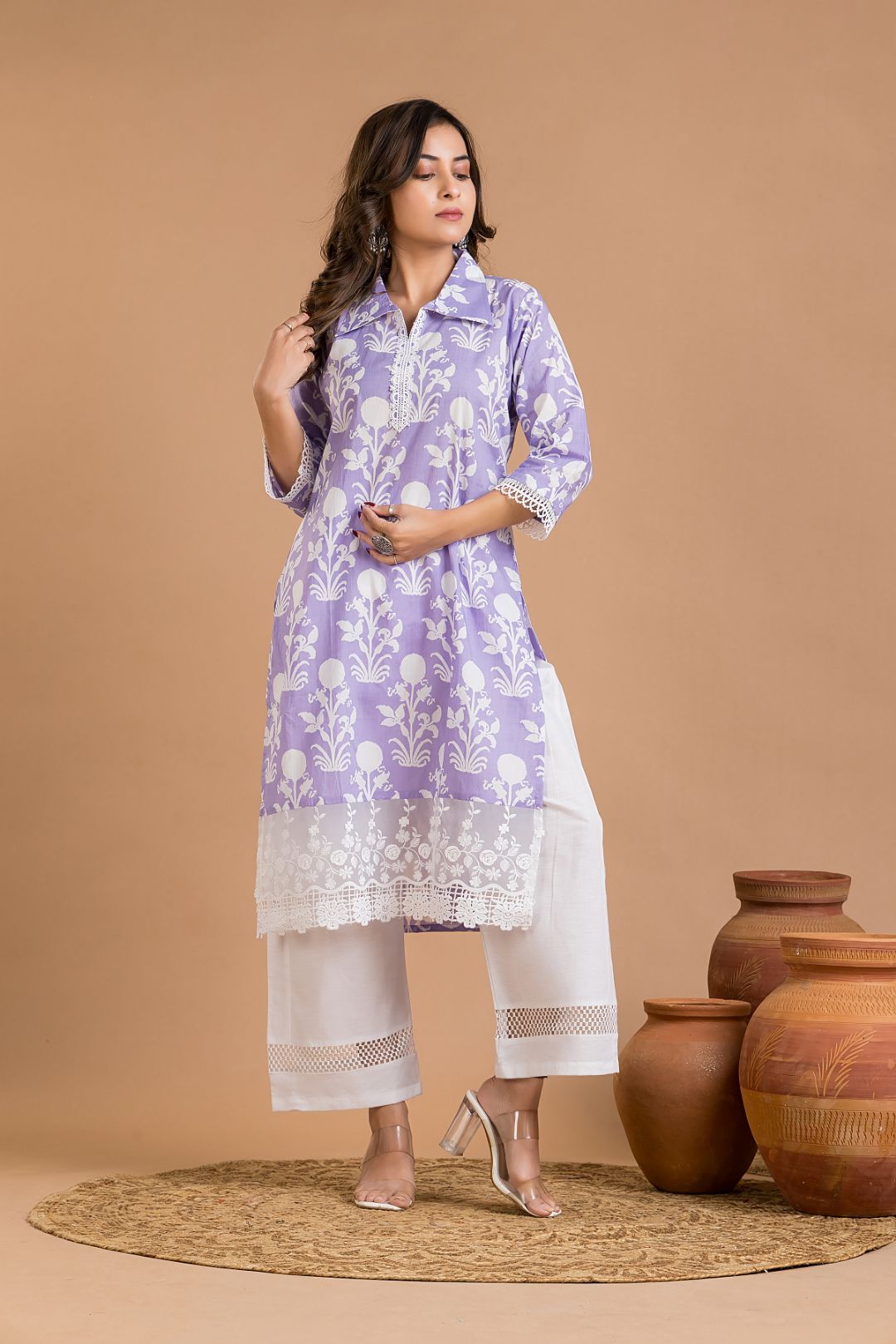 Lavender Floral Print Wide Lace Kurta