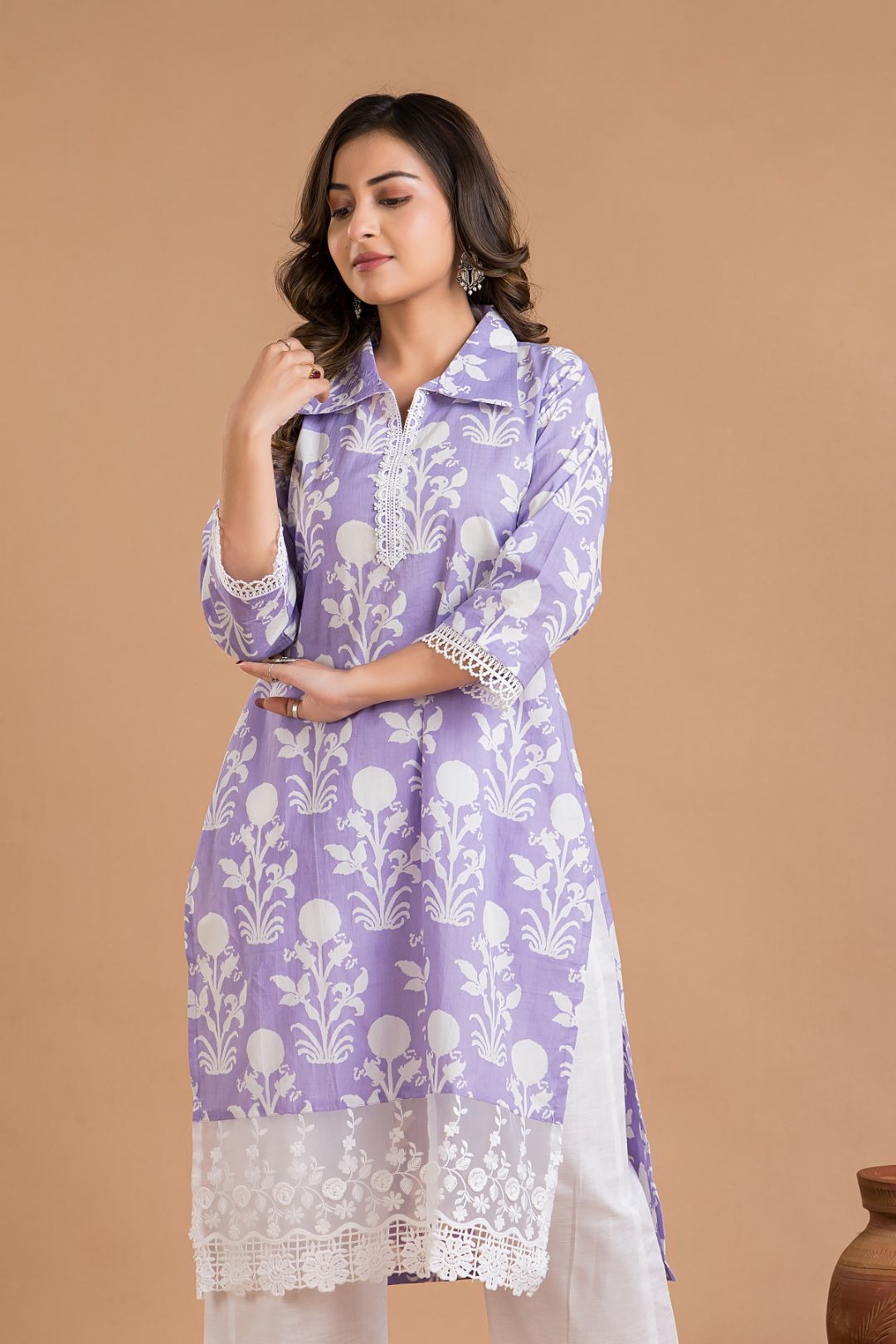 Lavender Floral Print Wide Lace Kurta