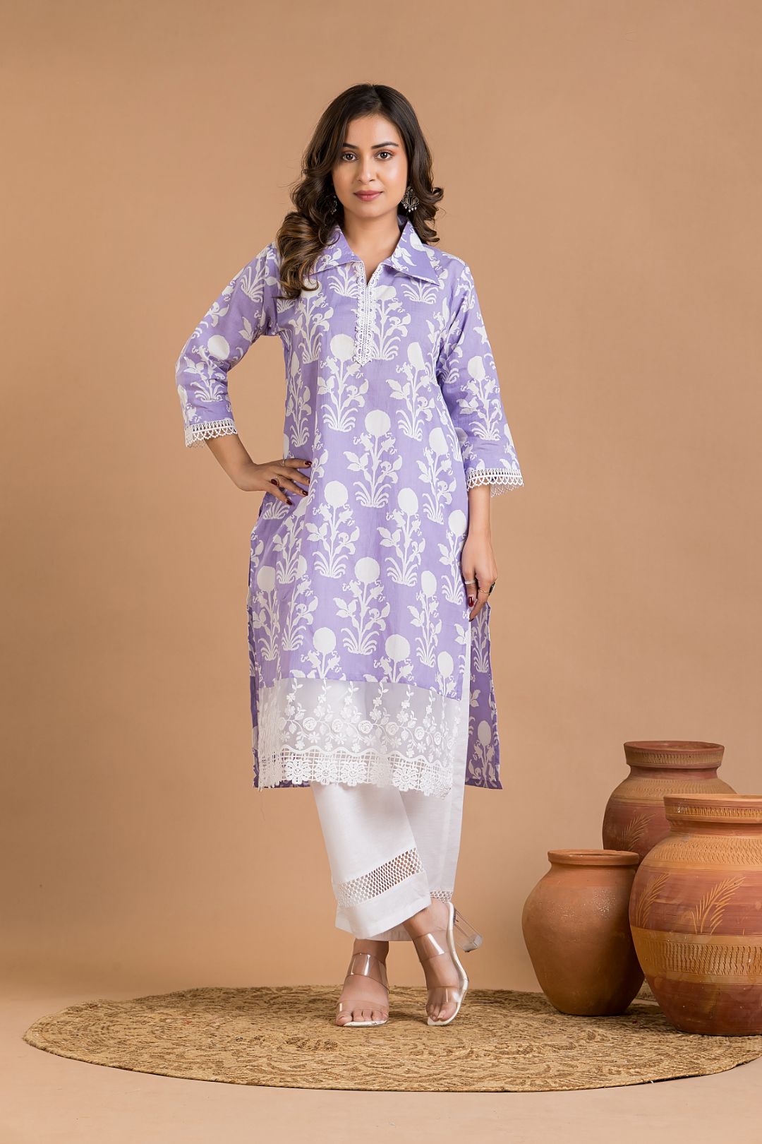 Lavender Floral Print Wide Lace Kurta