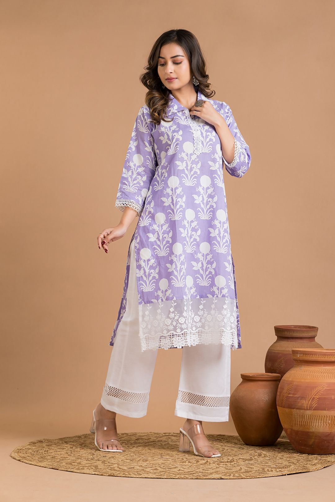 Lavender Floral Print Wide Lace Kurta
