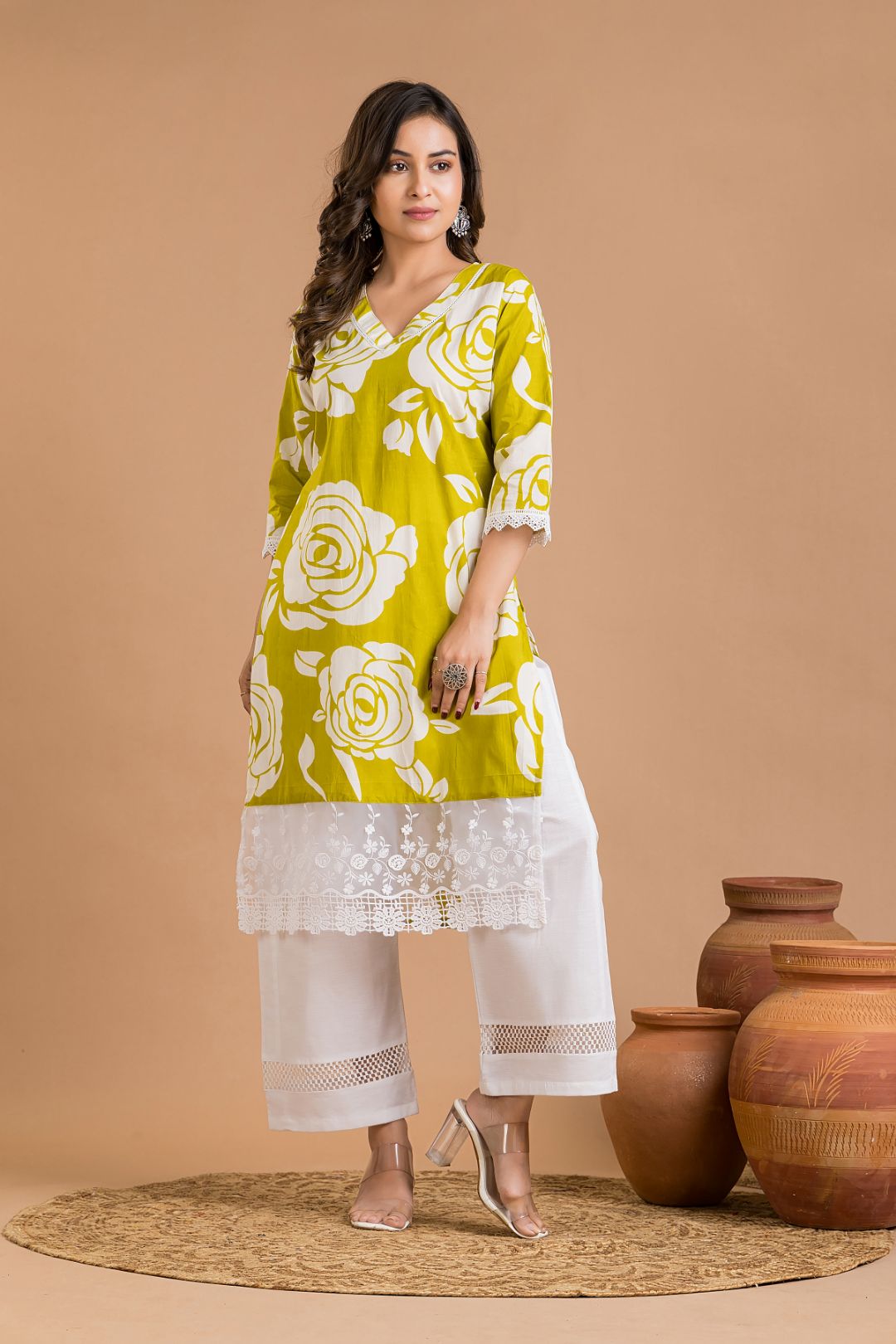 Lime Green Rose Print Wide Lace Kurta