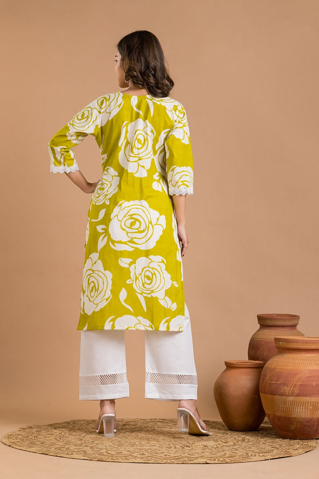Lime Green Rose Print Wide Lace Kurta