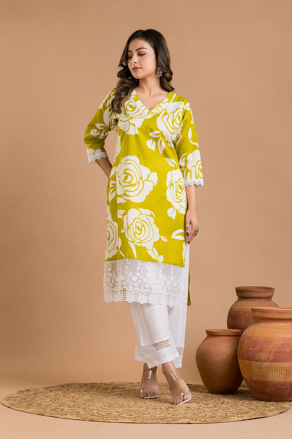 Lime Green Rose Print Wide Lace Kurta