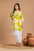 Lime Green Rose Print Wide Lace Kurta