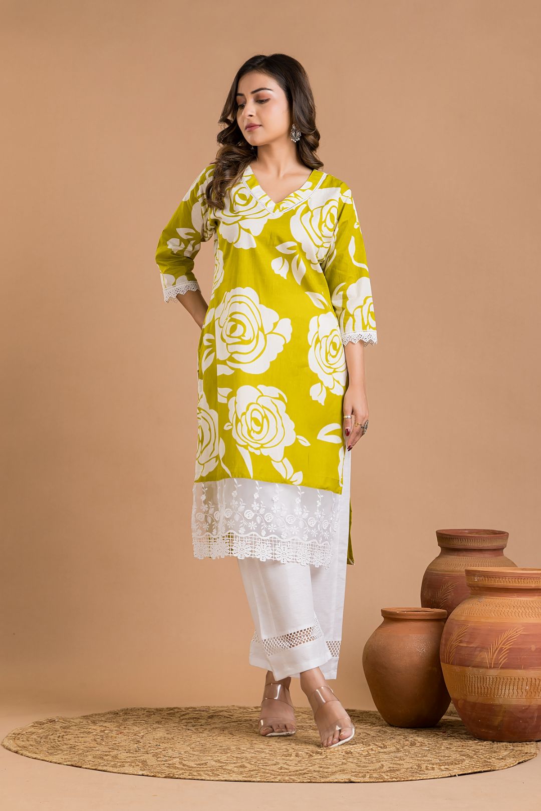 Lime Green Rose Print Wide Lace Kurta