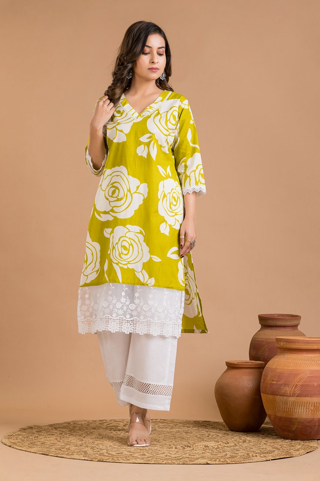 Lime Green Rose Print Wide Lace Kurta