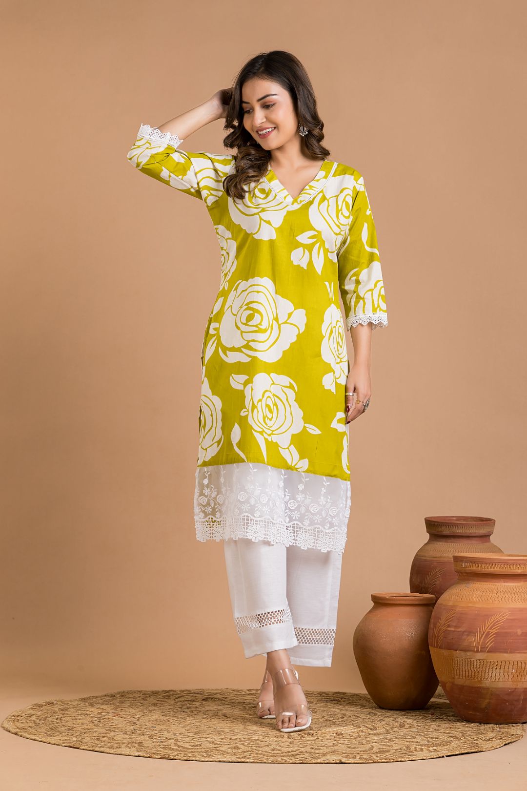 Lime Green Rose Print Wide Lace Kurta
