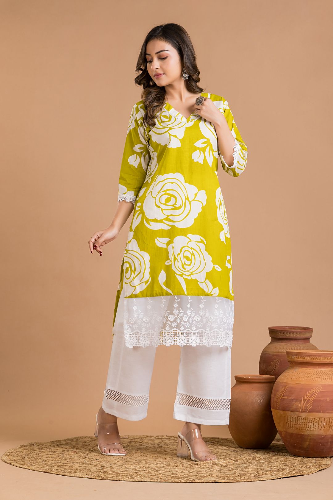 Lime Green Rose Print Wide Lace Kurta