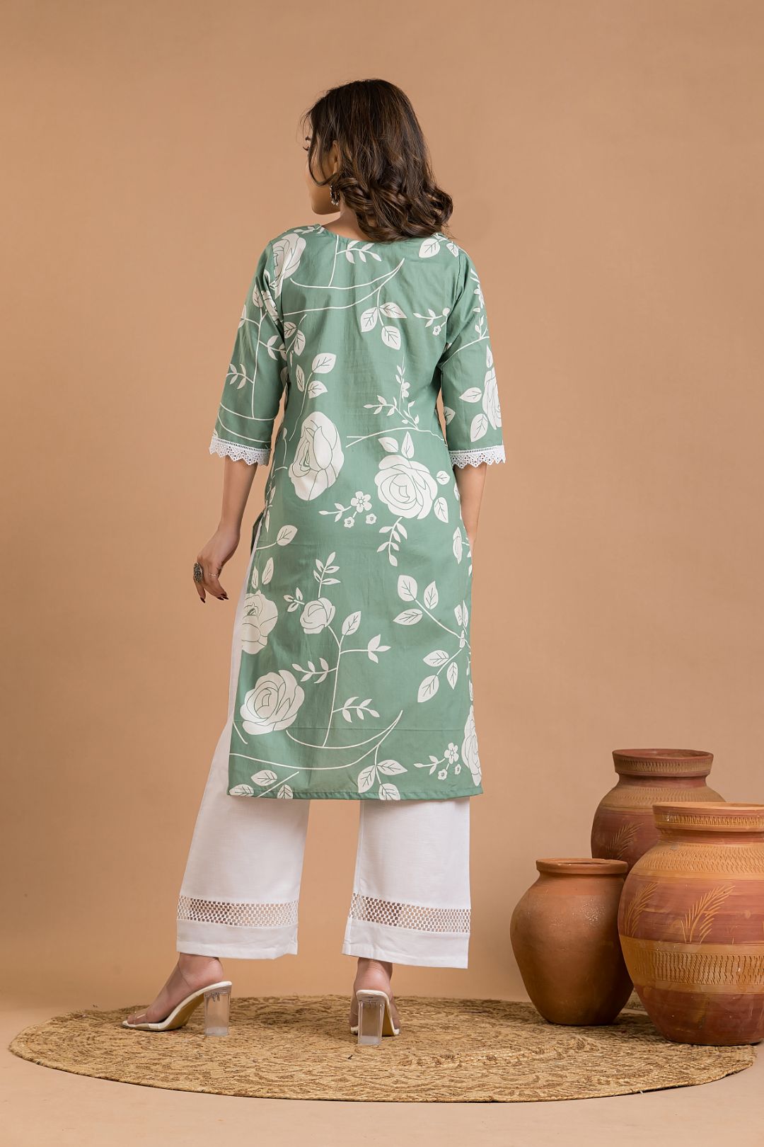 Green Rose Print Wide Lace Kurta