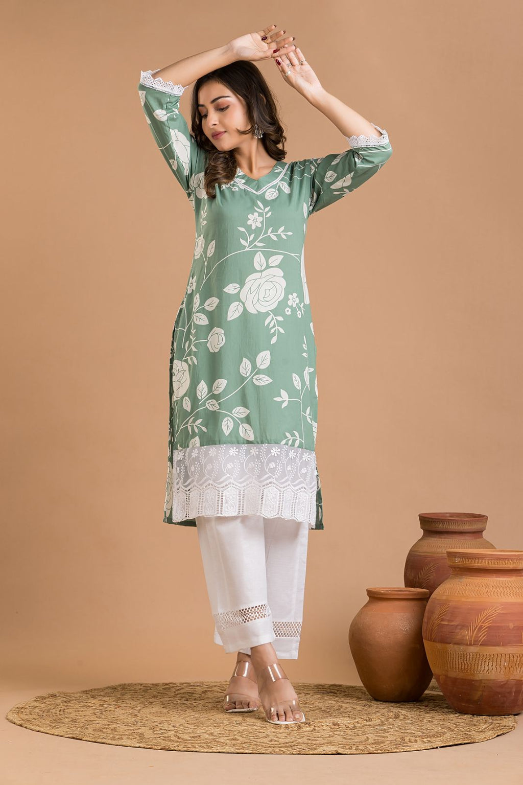 Green Rose Print Wide Lace Kurta