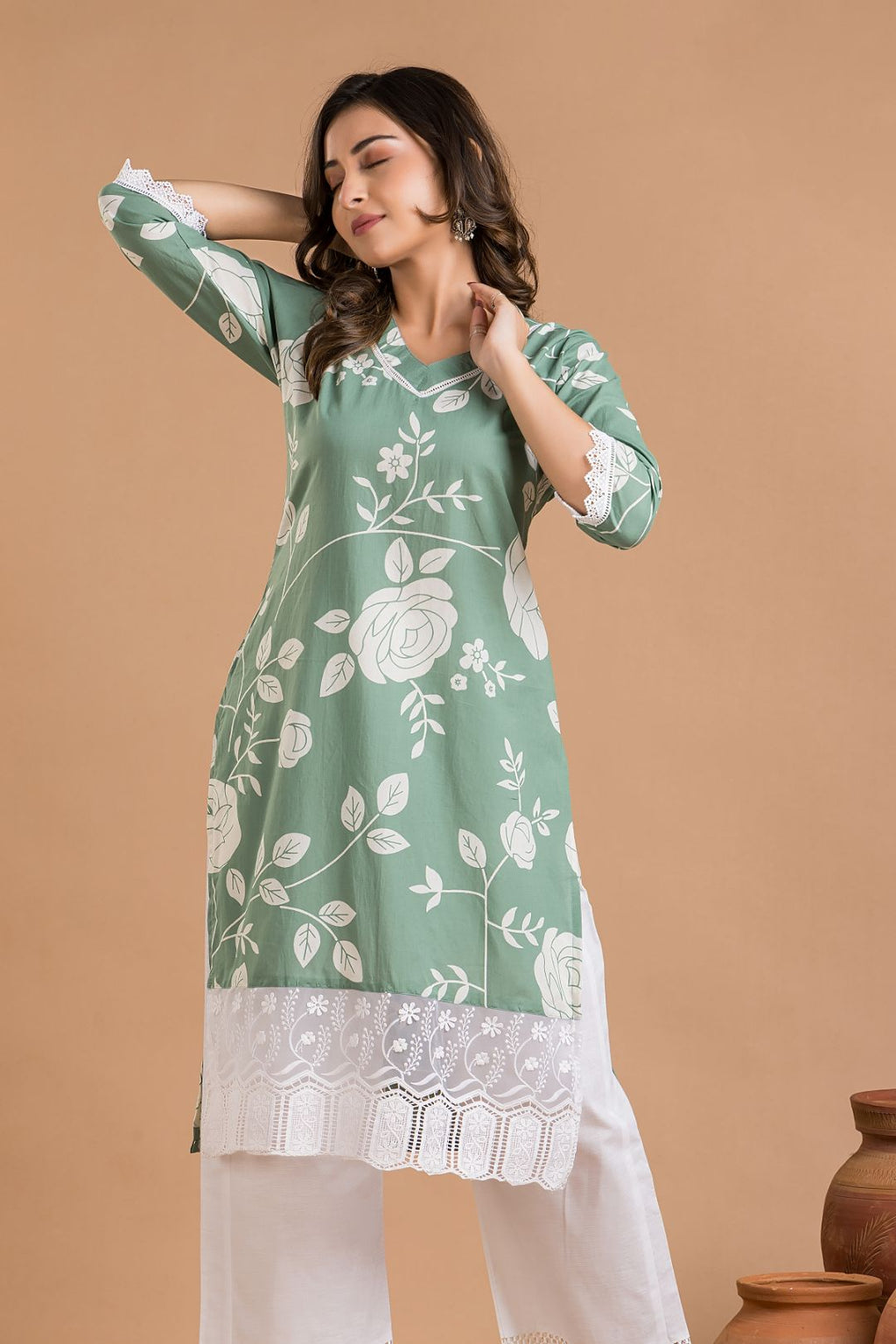 Green Rose Print Wide Lace Kurta