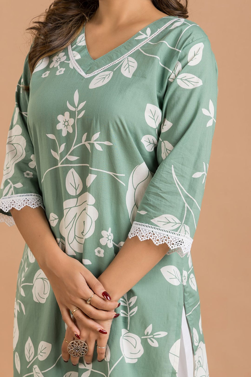 Green Rose Print Wide Lace Kurta