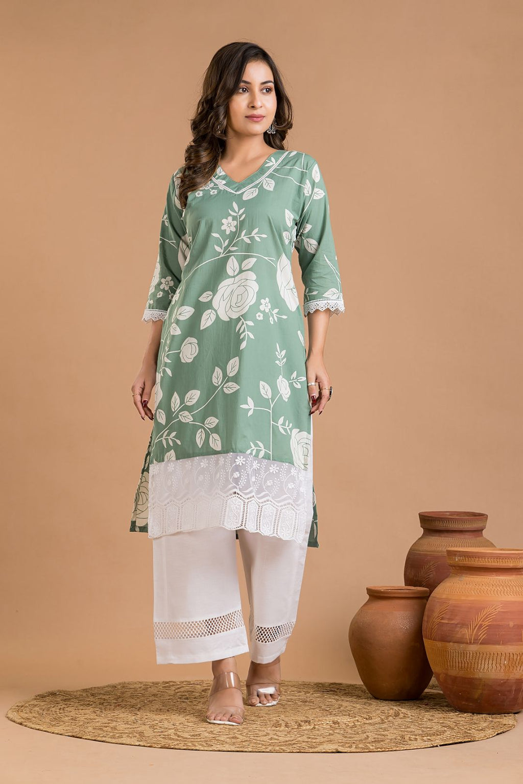 Green Rose Print Wide Lace Kurta