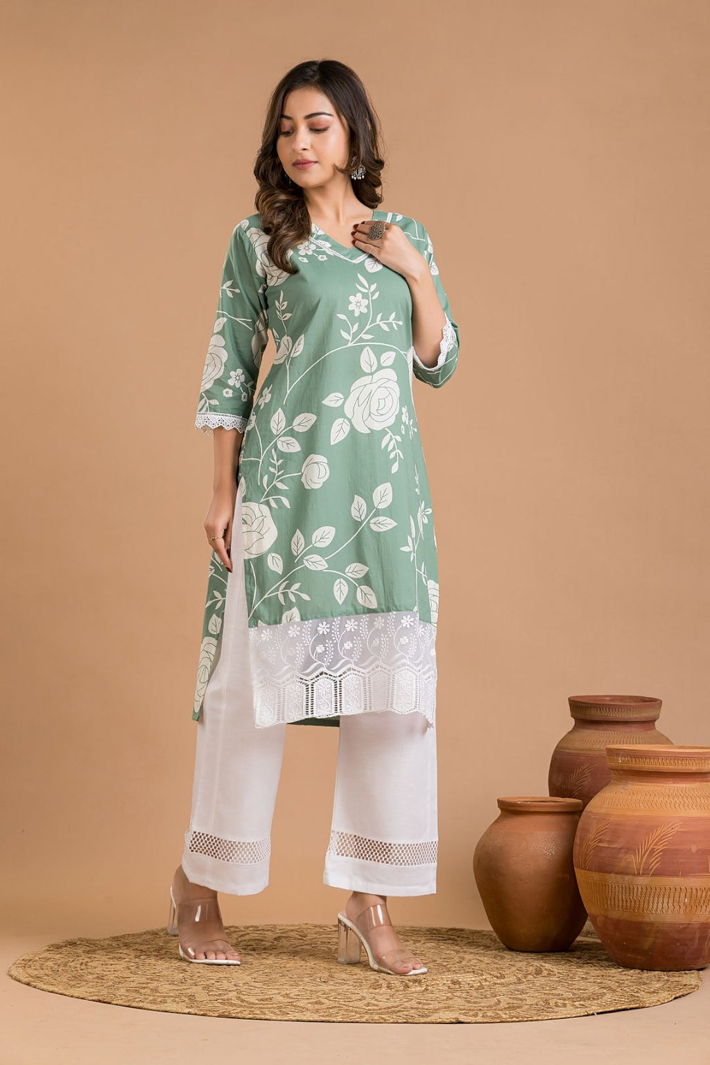 Green Rose Print Wide Lace Kurta