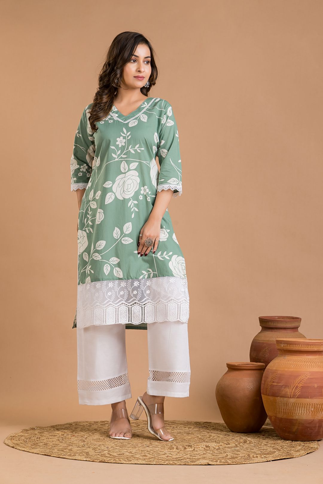 Green Rose Print Wide Lace Kurta