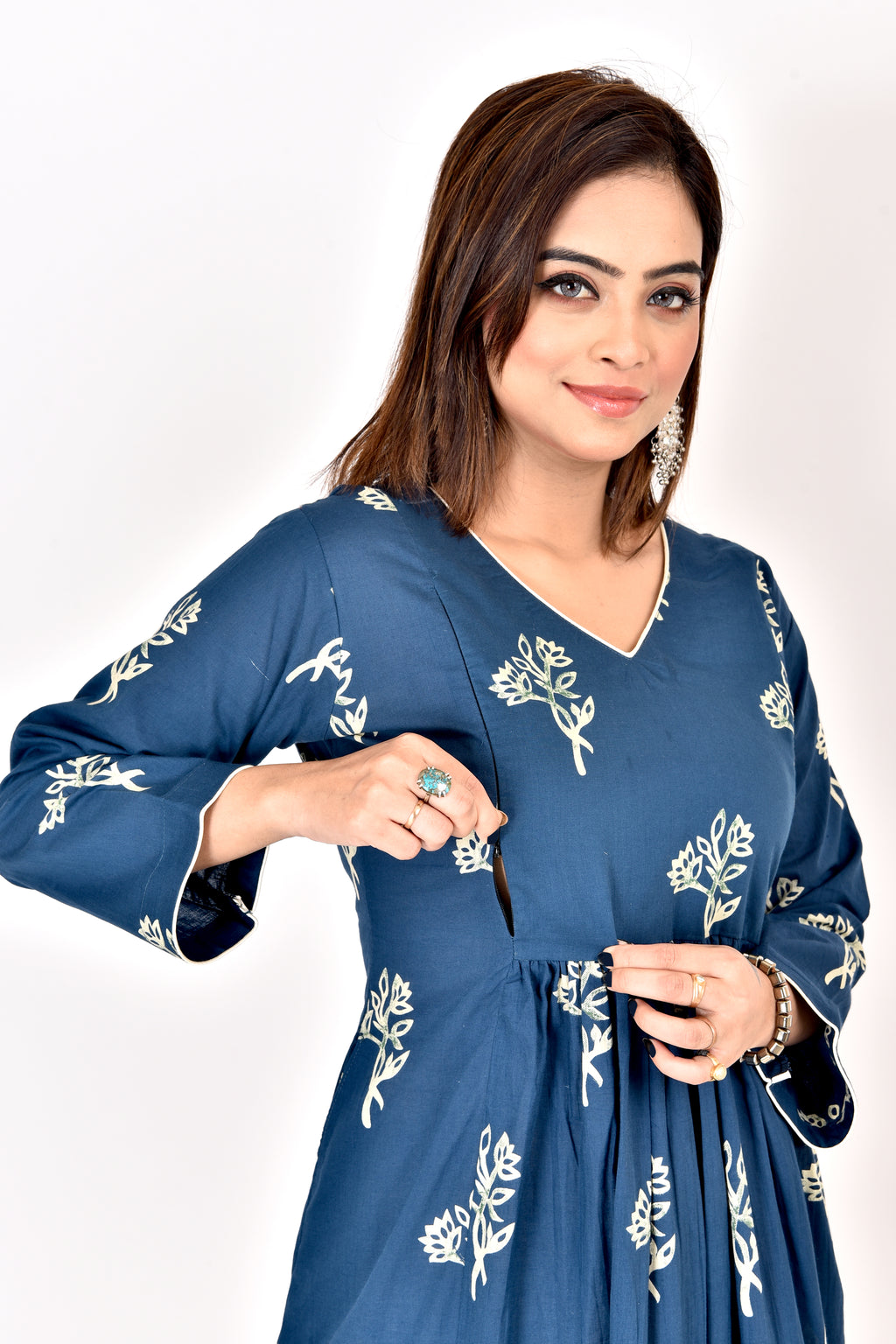 Teal Blue Floral Print Maternity Kurta