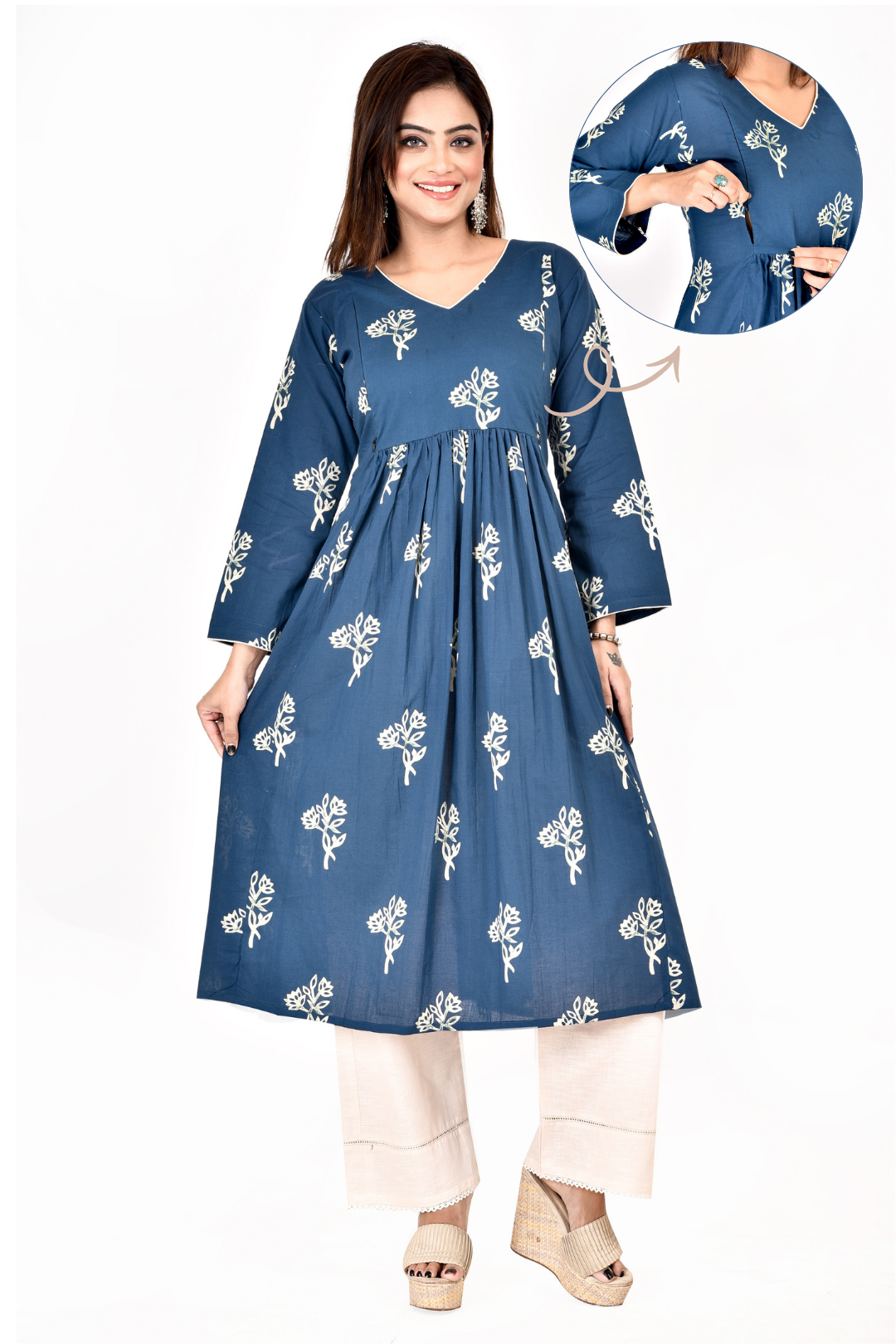 Teal Blue Floral Print Maternity Kurta