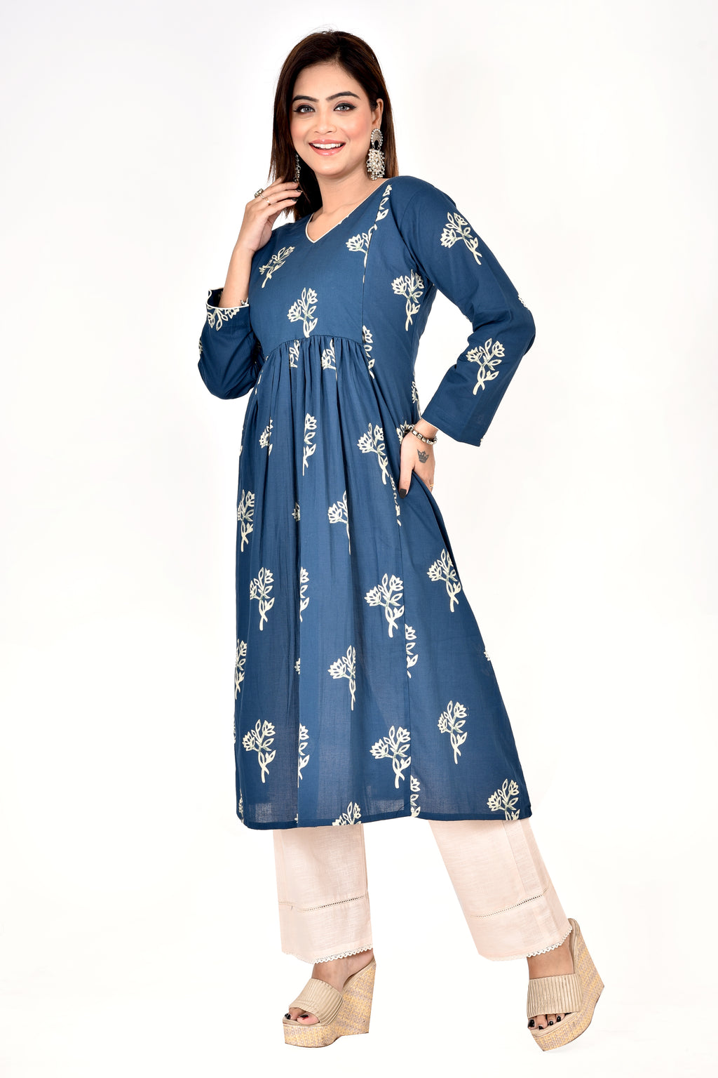 Teal Blue Floral Print Maternity Kurta
