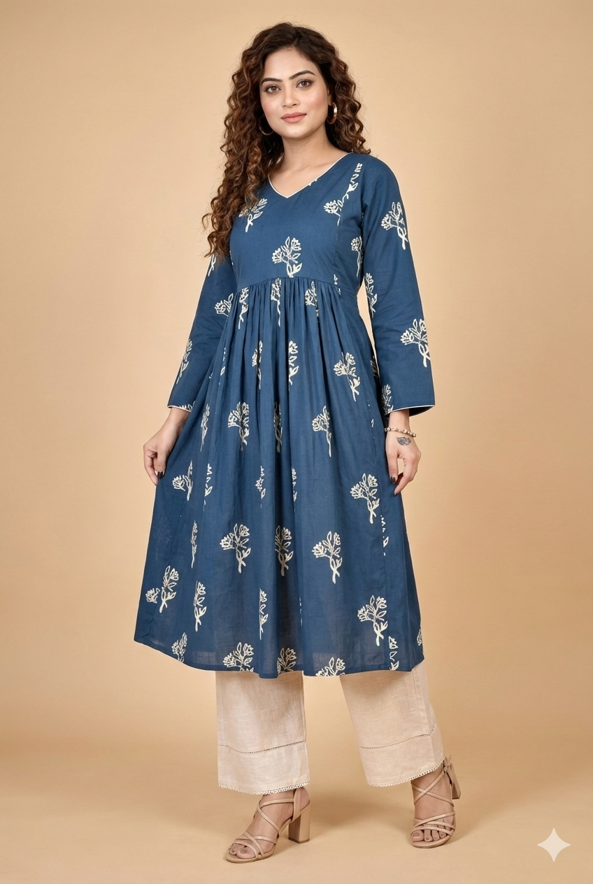 Teal Blue Floral Print Maternity Kurta
