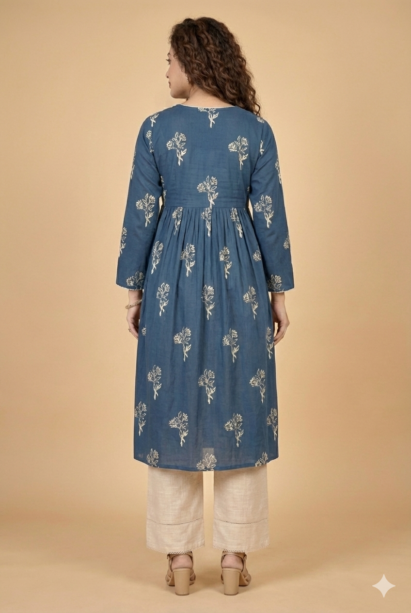 Teal Blue Floral Print Maternity Kurta