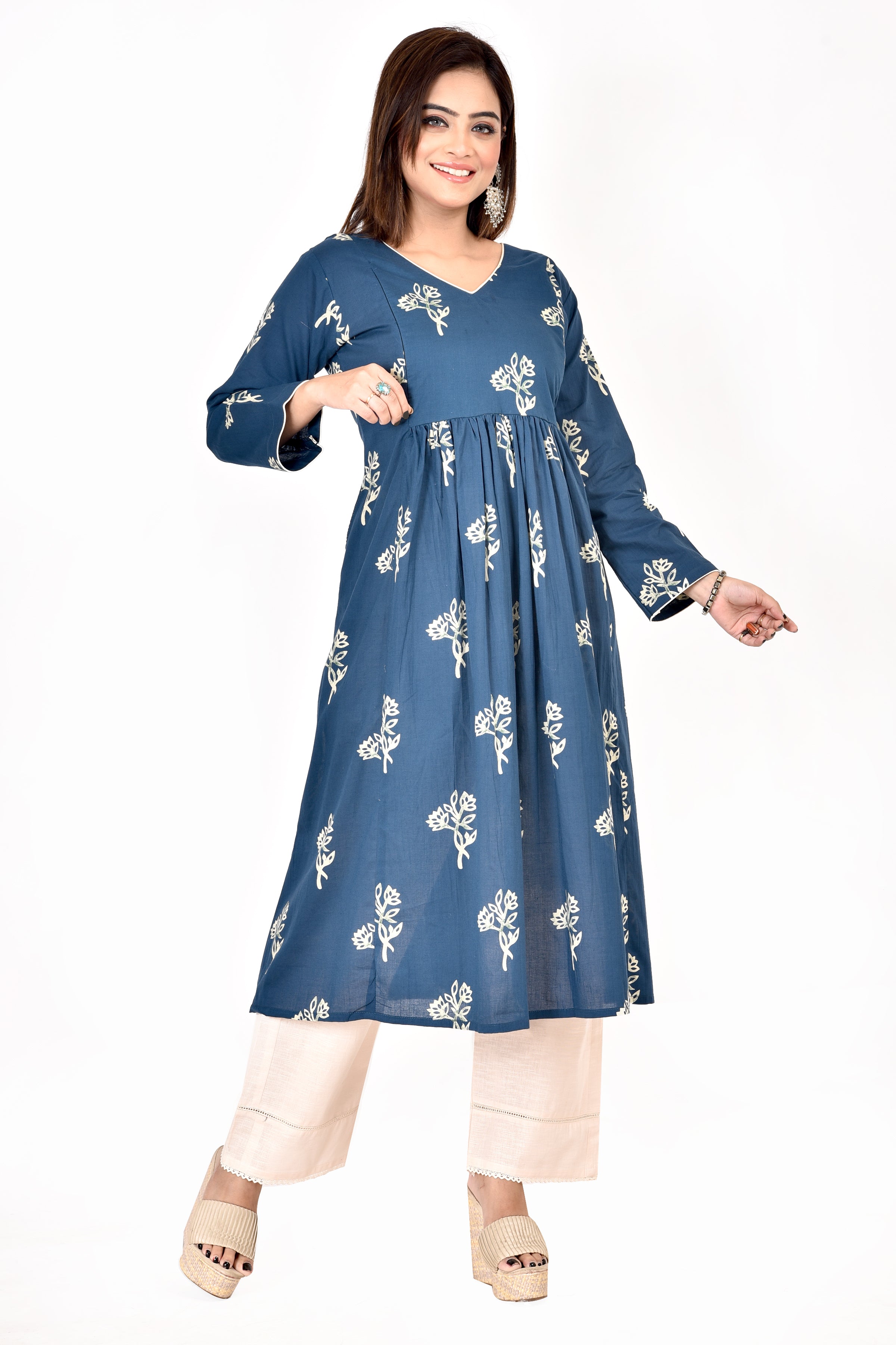 Teal Blue Floral Print Maternity Kurta